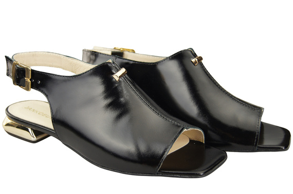 Wygodne Obuwie Damskie Sandały Czarne Błyszczące Płaski Złoty Obcas Skóra naturalna 207 ElitaBut