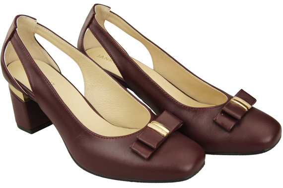 Buty Czółenka Damskie Bordowe z Naturalnej Skóry z Ozdobnym Obcasem 199 ElitaBut