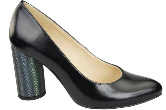 Obuwie Damskie Czółenka Czarne Błyszczące Skóra naturalna Kolorowy Ozdobny Obcas 194 ElitaBut