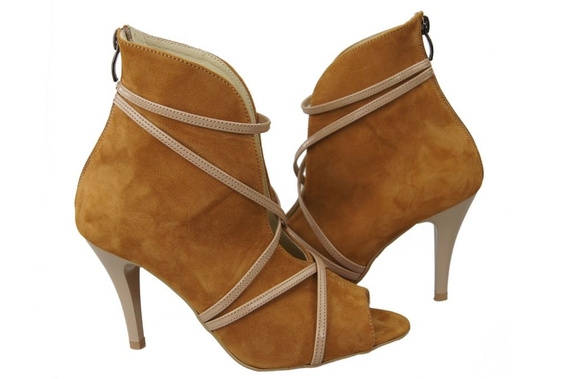 Obuwie Botki Damskie Peep Toe Skóra Naturalna Zamszowa Rude 107 ElitaBut