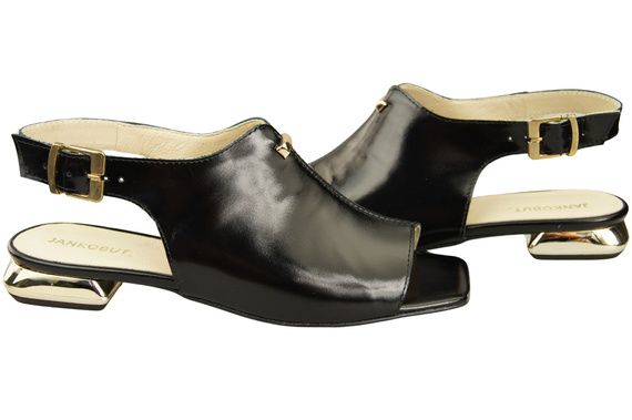 Wygodne Obuwie Damskie Sandały Czarne Błyszczące Płaski Złoty Obcas Skóra naturalna 207 ElitaBut