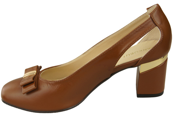 Buty Czółenka Damskie Brązowe z Naturalnej Skóry z Ozdobnym Obcasem 199 ElitaBut