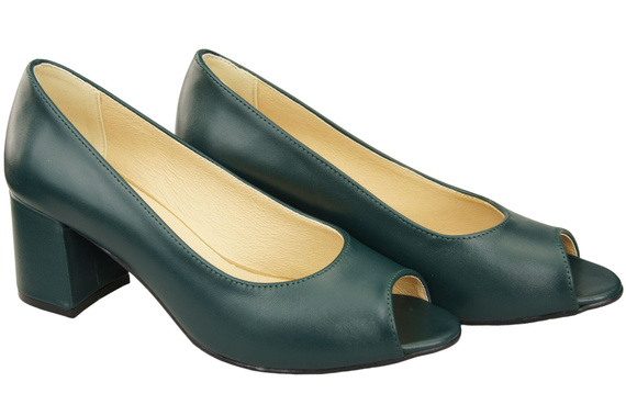 Obuwie Damskie Czółenka PEEP TOE Malachitowe Skóra naturalna z Powleczonym Obcasem 192 ElitaBut