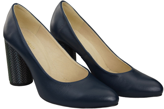 Obuwie Damskie Czółenka Granatowe Skóra naturalna Kolorowy Ozdobny Obcas 194 ElitaBut