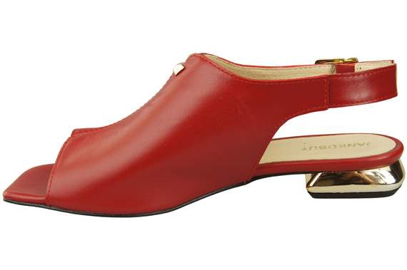 Wygodne Obuwie Damskie Sandały Czerwone Płaski Złoty Obcas Skóra naturalna 207 ElitaBut