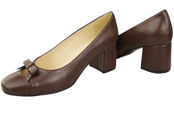 Czółenka Damskie z Kokardką Czekoladowe Skóra Naturalna i Niski Obcas 203 ElitaBut