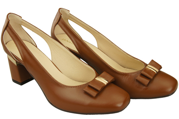 Buty Czółenka Damskie Brązowe z Naturalnej Skóry z Ozdobnym Obcasem 199 ElitaBut