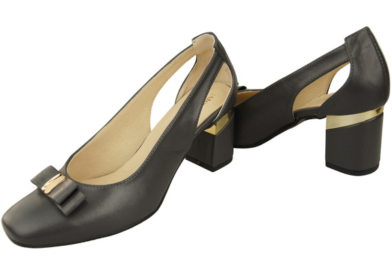 Buty Czółenka Damskie Grafitowe z Naturalnej Skóry z Ozdobnym Obcasem 199 ElitaBut