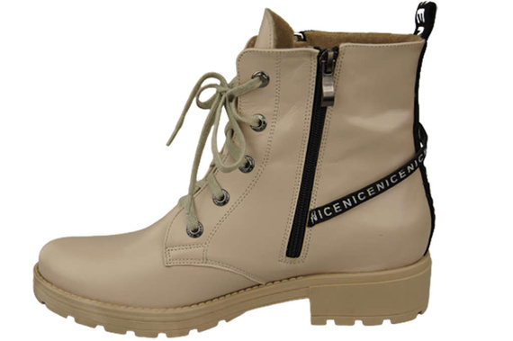Obuwie Botki Trzewiki Damskie z napisem NICE Skóra Naturalna Cappuccino Jasne 173 L ElitaBut