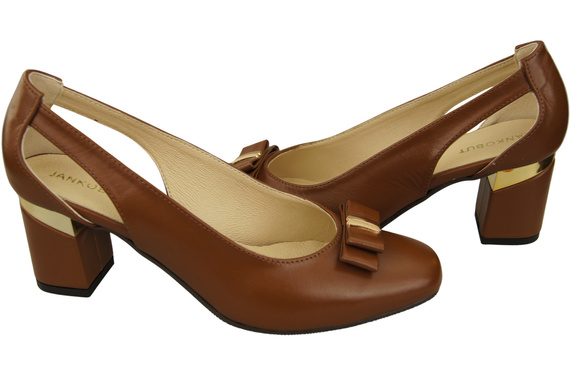 Buty Czółenka Damskie Brązowe z Naturalnej Skóry z Ozdobnym Obcasem 199 ElitaBut