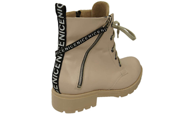 Obuwie Botki Trzewiki Damskie z napisem NICE Skóra Naturalna Cappuccino Jasne 173 L ElitaBut