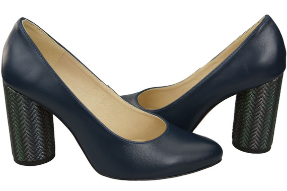 Obuwie Damskie Czółenka Granatowe Skóra naturalna Kolorowy Ozdobny Obcas 194 ElitaBut