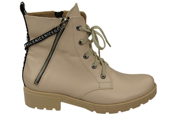 Obuwie Botki Trzewiki Damskie z napisem NICE Skóra Naturalna Cappuccino Jasne 173 L ElitaBut