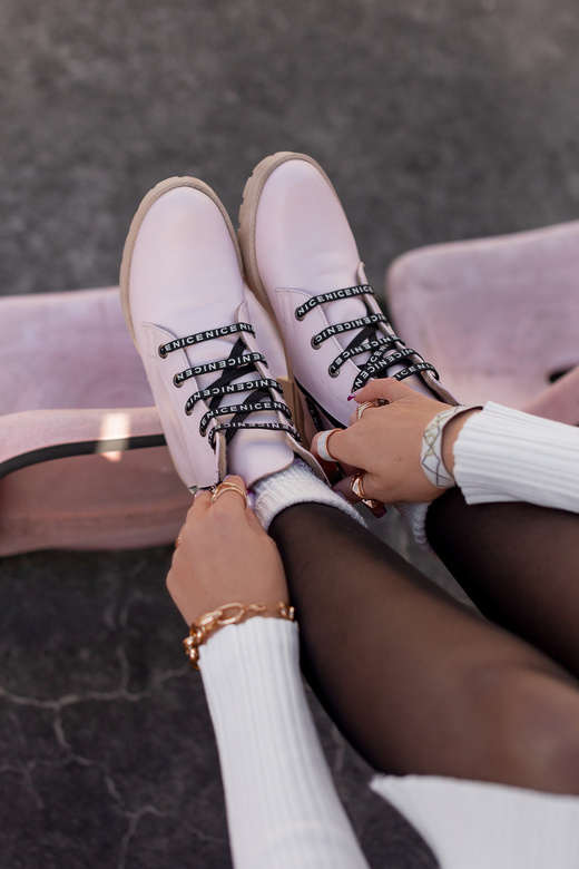 Obuwie Botki Trzewiki Damskie z napisem NICE Skóra Naturalna Róż Pudrowy 173 L ElitaBut