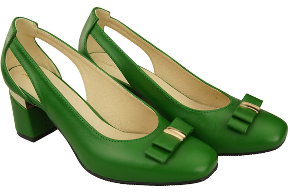 Buty Czółenka Damskie Zielone z Naturalnej Skóry z Ozdobnym Obcasem 199 ElitaBut
