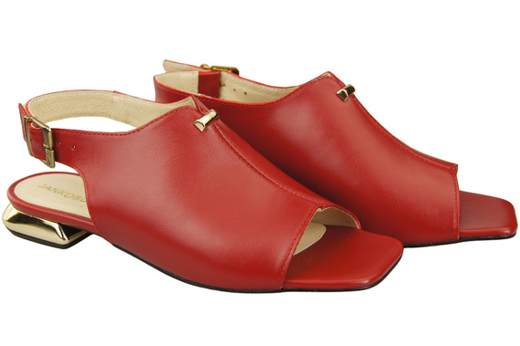 Wygodne Obuwie Damskie Sandały Czerwone Płaski Złoty Obcas Skóra naturalna 207 ElitaBut