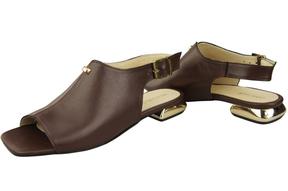 Wygodne Obuwie Damskie Sandały Czekoladowe Płaski Złoty Obcas Skóra naturalna 207 ElitaBut