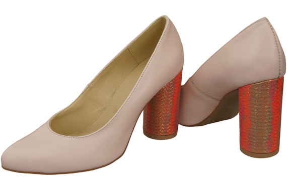 Obuwie Damskie Czółenka Róż Pudrowy Skóra naturalna Kolorowy Ozdobny Obcas 194 ElitaBut