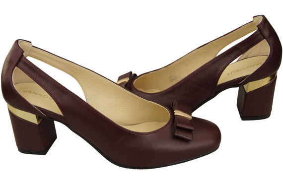 Buty Czółenka Damskie Bordowe z Naturalnej Skóry z Ozdobnym Obcasem 199 ElitaBut