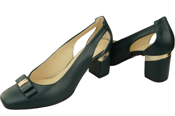 Buty Czółenka Damskie Malachitowe z Naturalnej Skóry z Ozdobnym Obcasem 199 ElitaBut