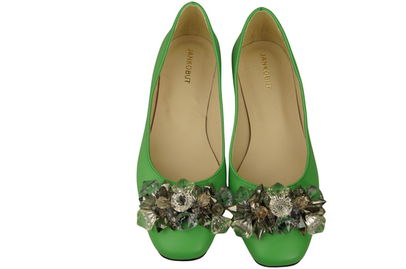 Damskie Czółenka Limonkowe z Kryształkami płaskie Skóra naturalna 216 ElitaBut