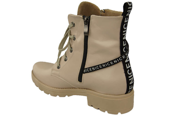 Obuwie Botki Trzewiki Damskie z napisem NICE Skóra Naturalna Cappuccino Jasne 173 L ElitaBut