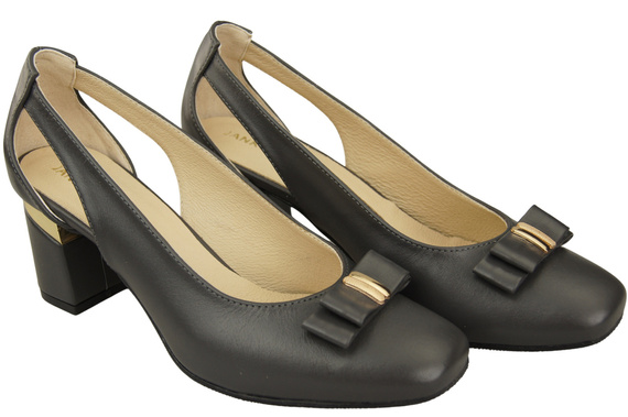 Buty Czółenka Damskie Grafitowe z Naturalnej Skóry z Ozdobnym Obcasem 199 ElitaBut