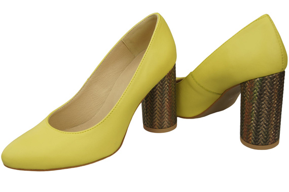 Obuwie Damskie Czółenka Cytrynowe Skóra naturalna Kolorowy Ozdobny Obcas 194 ElitaBut