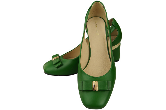 Buty Czółenka Damskie Zielone z Naturalnej Skóry z Ozdobnym Obcasem 199 ElitaBut